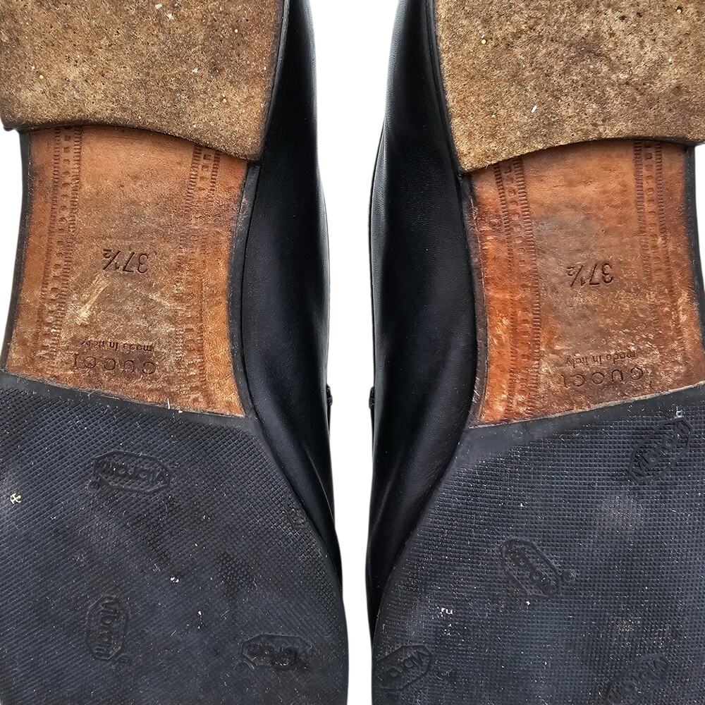 Gucci Jordaan Horsebit Slip On Flat Loafer Black Leather Gold Size 37.5 US 7.5 - Picture 9 of 11